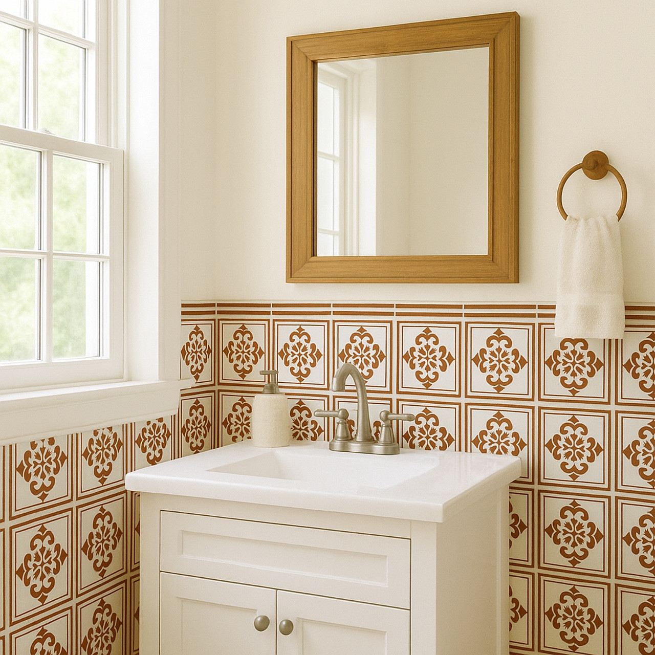 Bathroom with Rust Terra Fleur Mexican tiles and white vanity under a window.