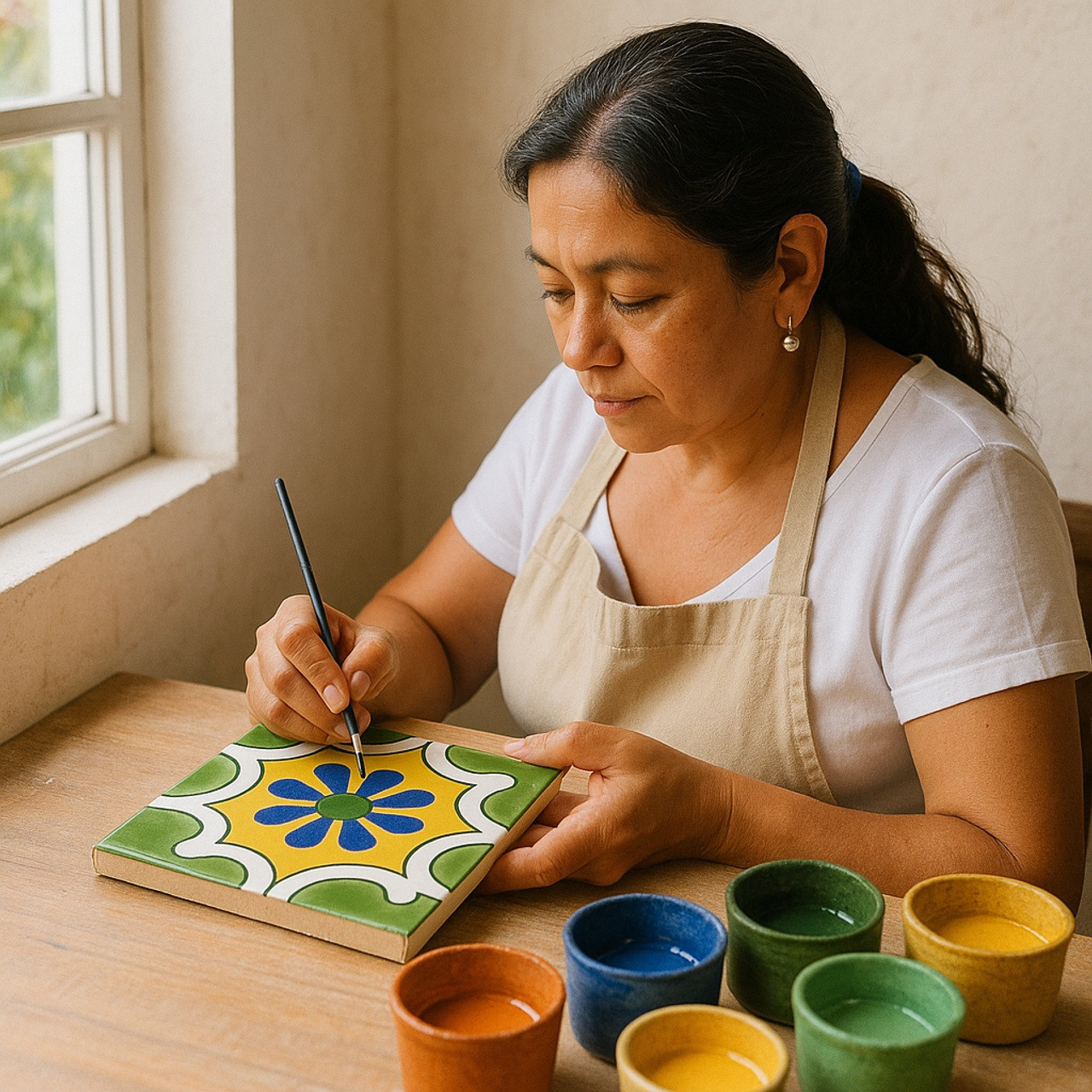 Mexican Tile Sunflower Flame being painted by a Mexican artisan in a ceramic tile workshop