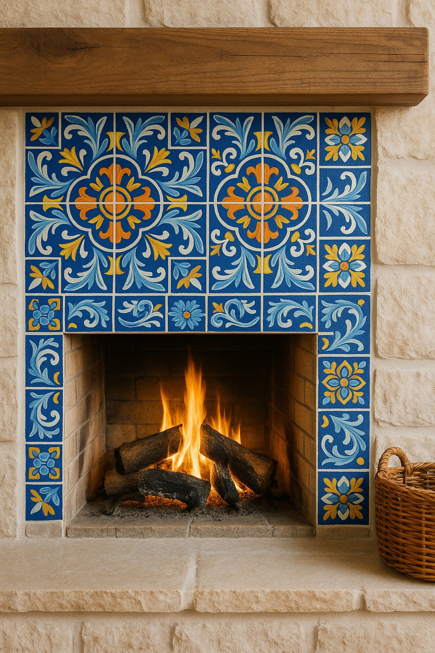Mexican tile with Flor de Puebla pattern 6x6 inch decorating a fireplace mantel