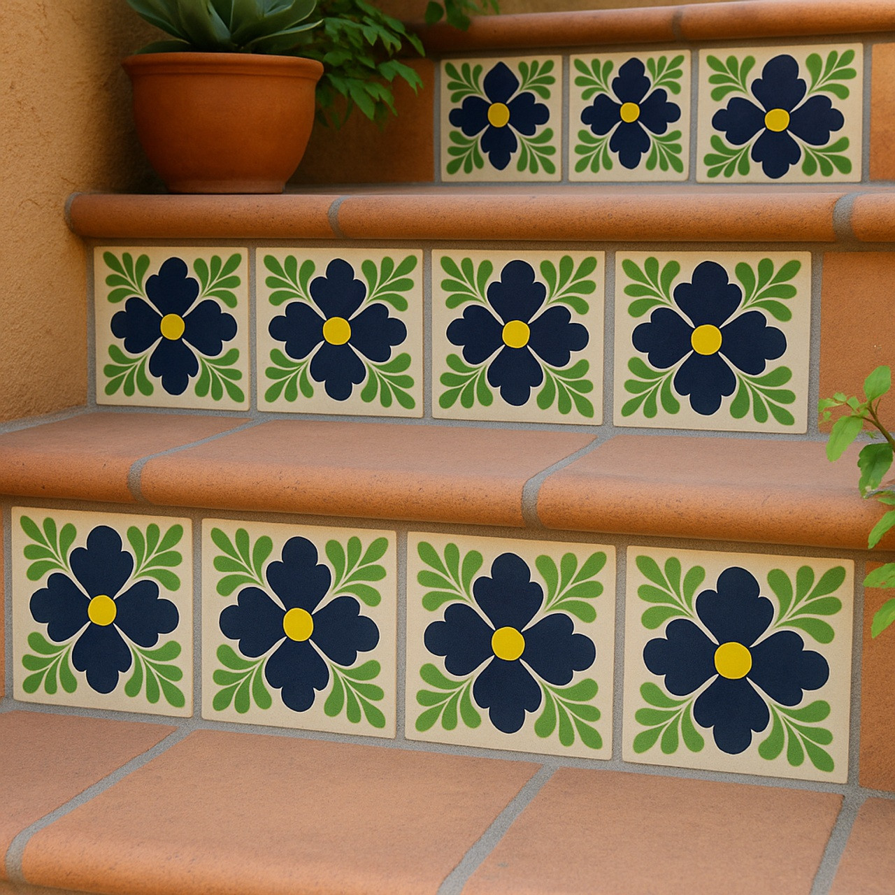 Midnight Clover tiles installed on terracotta stair risers in an outdoor setting