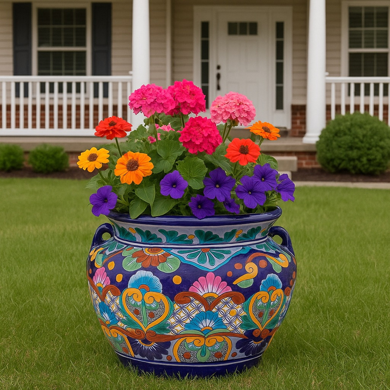 Fiesta Lattice Ceramic Planter placed on a green lawn filled with colorful flowers in a bright outdoor setting