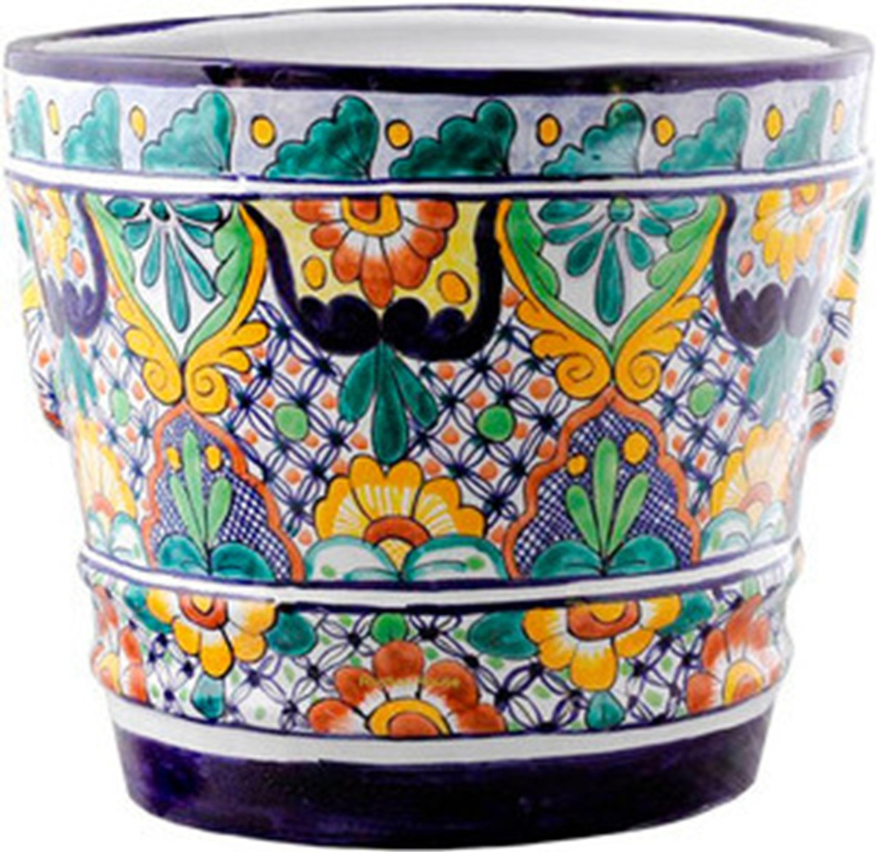 Sunlit Mosaic Talavera Pot featuring hand-painted yellow, green, and orange medallions with a cobalt blue border.
