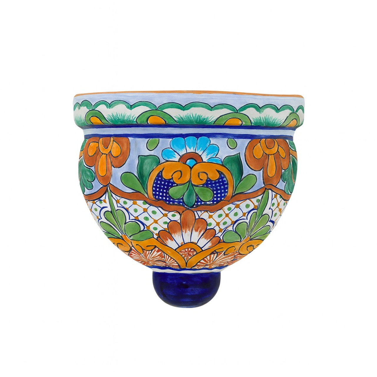 Ocaso de Cobre Talavera Sconce featuring hand-painted orange, blue, and green designs with a glossy artisan finish.