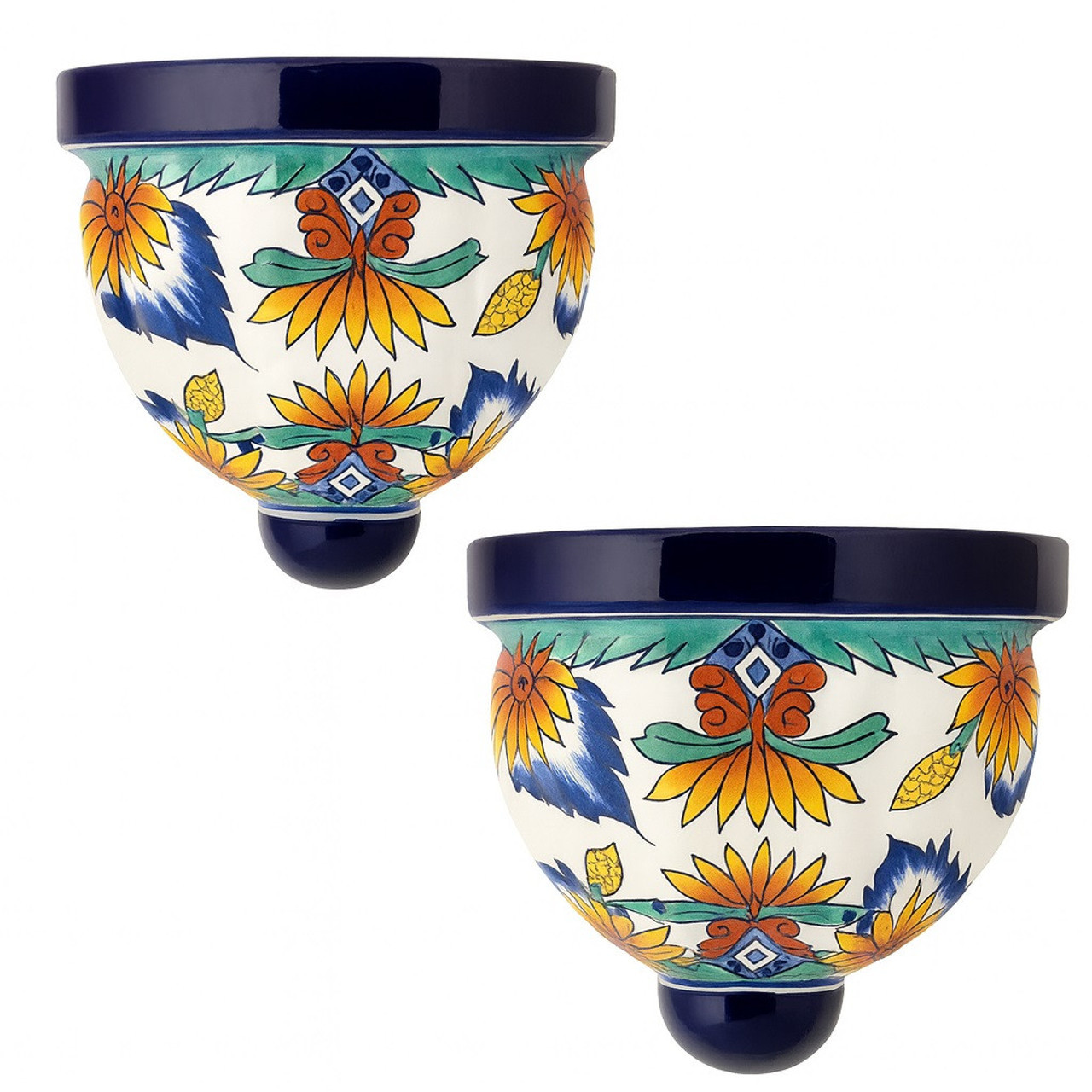 Set of 2 Sunrise Garden Talavera Sconce featuring bright yellow sunburst motifs and cobalt blue borders.
