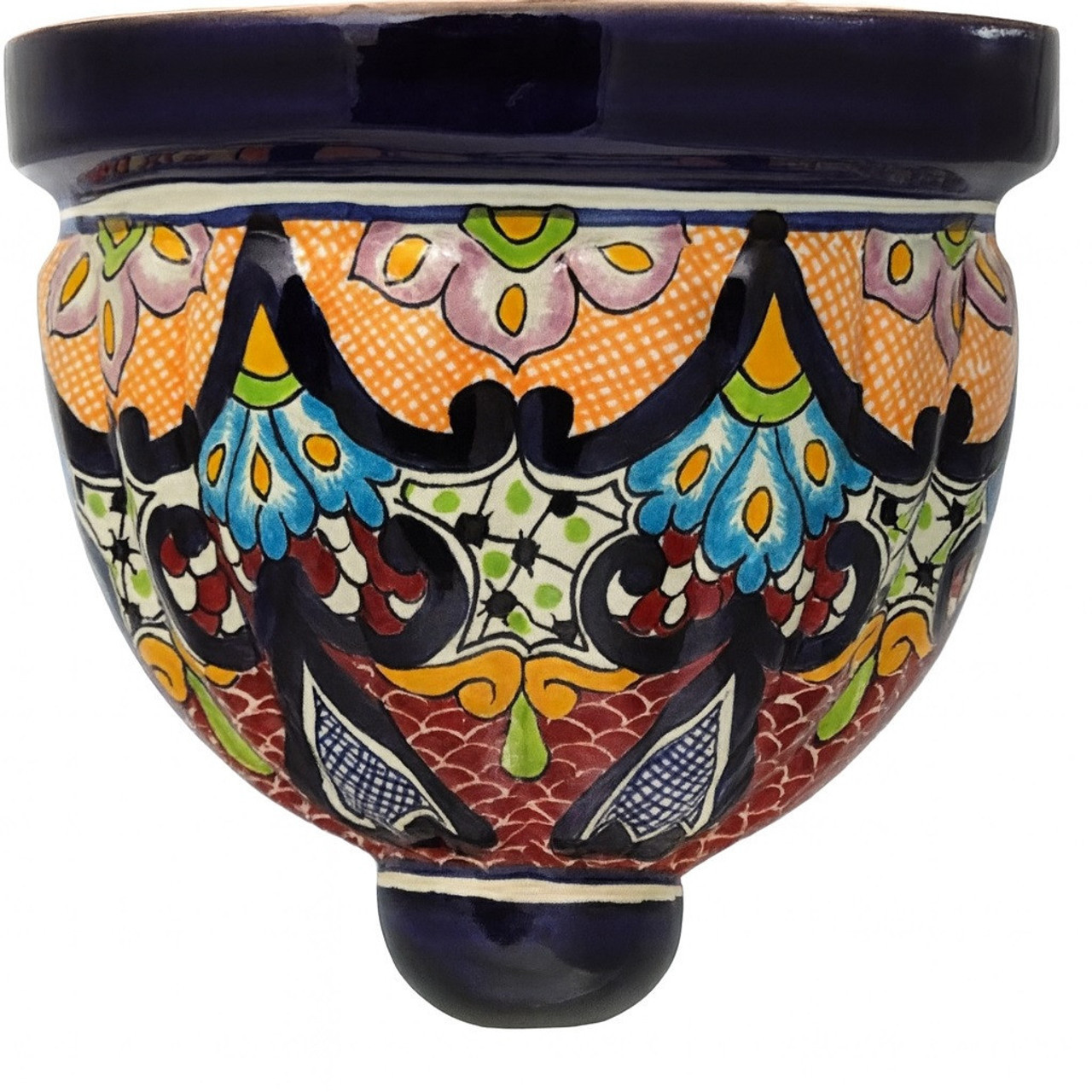 Crimson Arch Talavera Sconce with intricate red, orange, and blue hand-painted motifs and glossy cobalt rim.