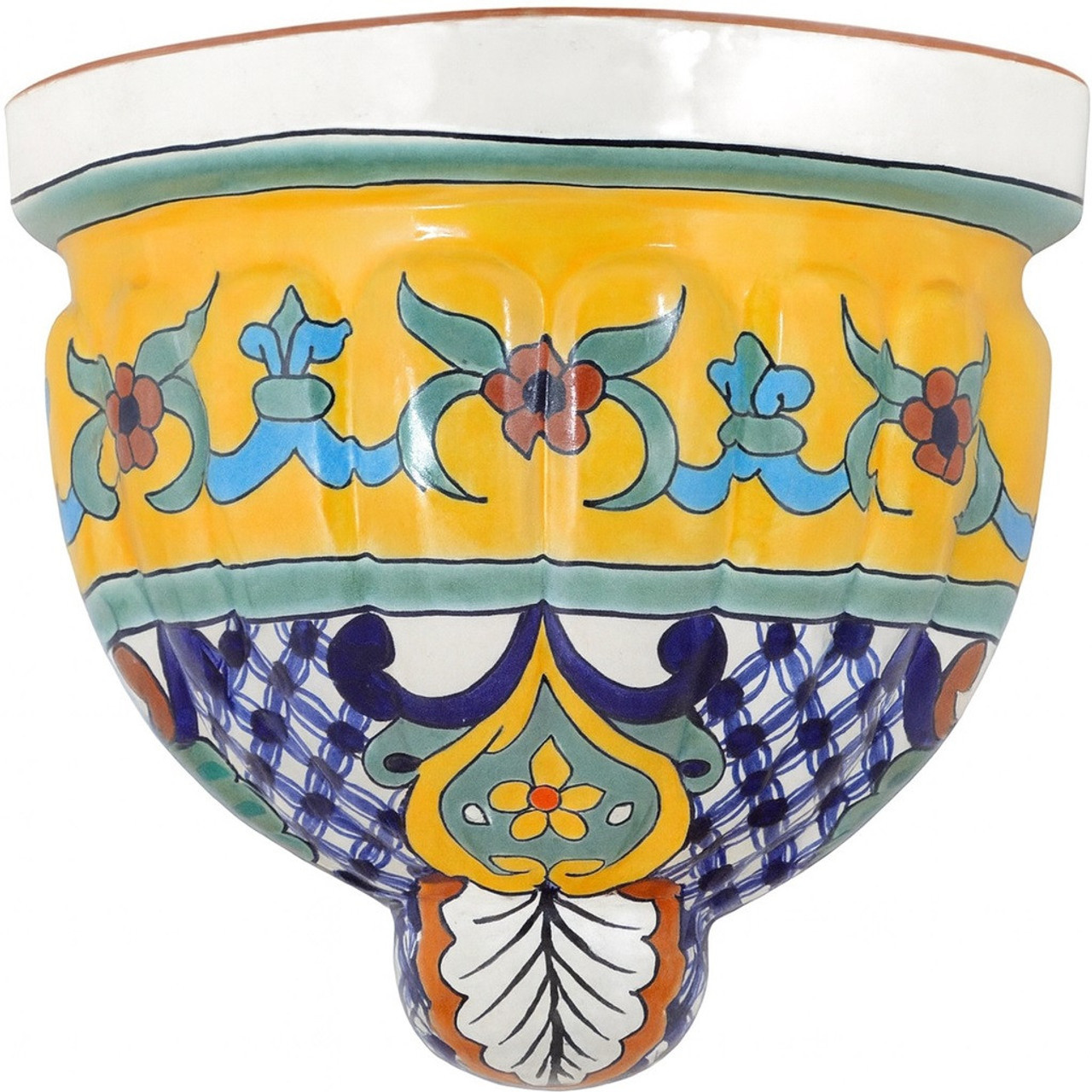 Sierra Luminosa Talavera Sconce hand-painted ceramic wall sconce featuring yellow floral bands and blue lattice.