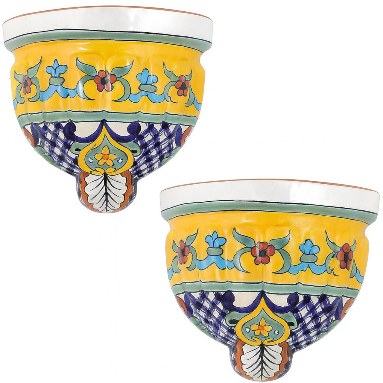 Sierra Luminosa Talavera Sconce set of two Mexican sconces with bright yellow glaze and colonial motifs.