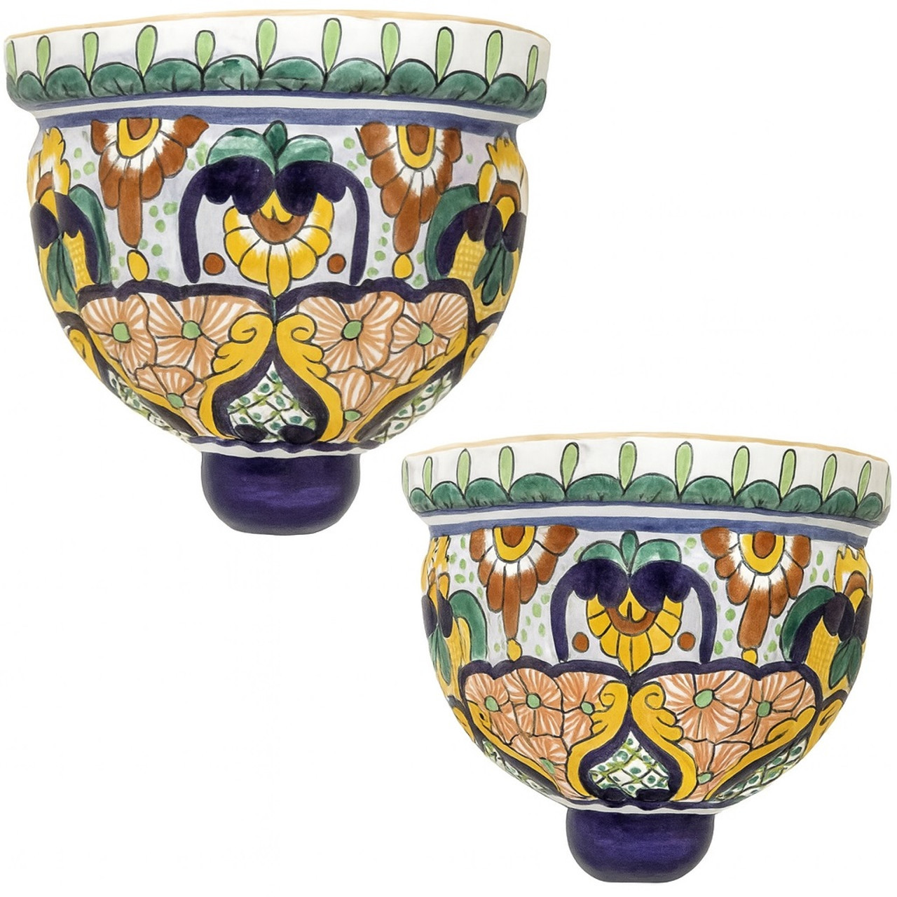San Rafael Talavera Sconce pair of Mexican sconces featuring floral and lattice details in earthy tones.