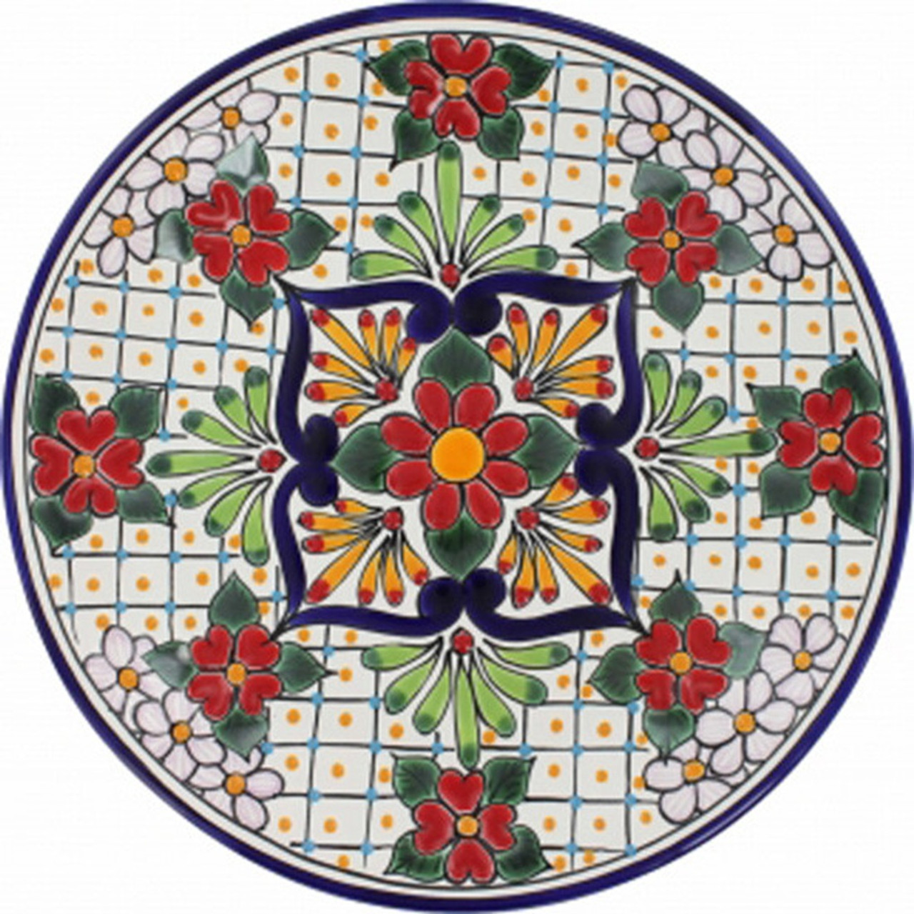 Hacienda Charm Talavera Plate hand-painted ceramic plate featuring red, green, and yellow colonial motifs on a white glazed background. Hacienda Charm Talavera Plate hand-painted ceramic plate featuring red, green, and yellow colonial motifs on a white glazed background.