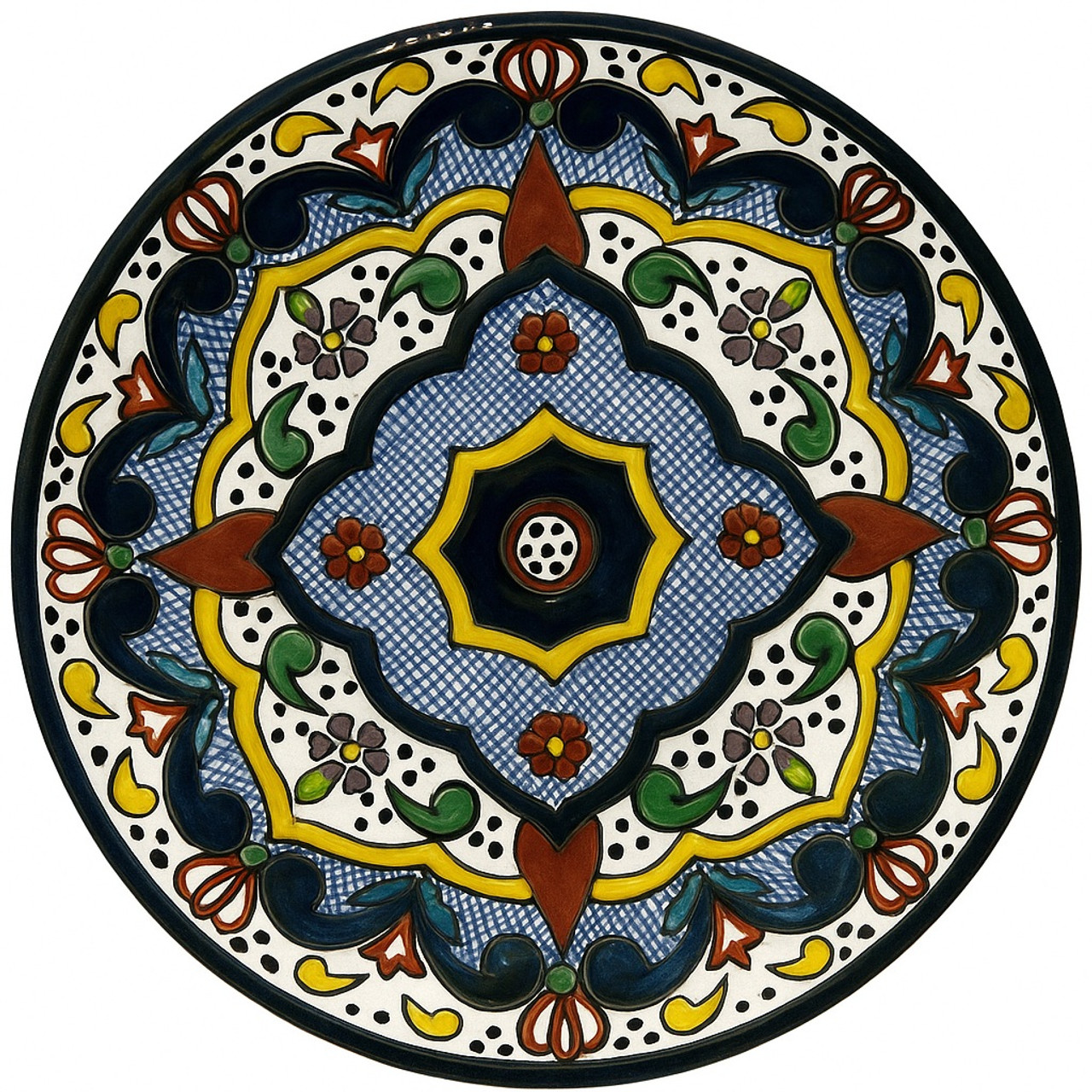 Imperial Granada Talavera Plate featuring a hand-painted colonial pattern in cobalt blue, yellow, and terracotta tones.