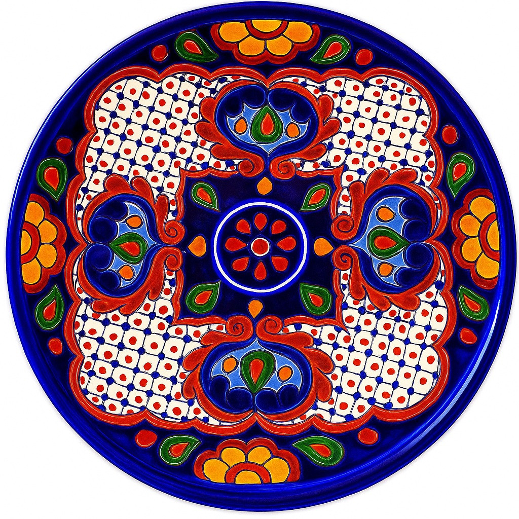 Mar de Trigo Talavera Plate featuring a vibrant cobalt blue background with hand-painted orange and green motifs.