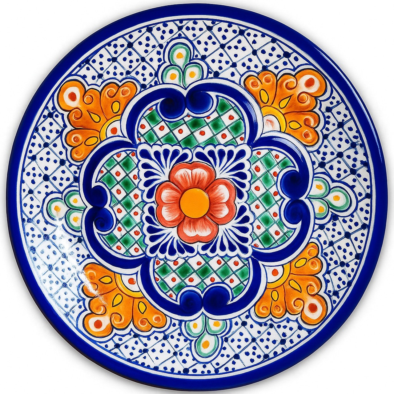 Seville Charm Talavera Plate featuring a hand-painted floral medallion in orange, green, and cobalt blue.