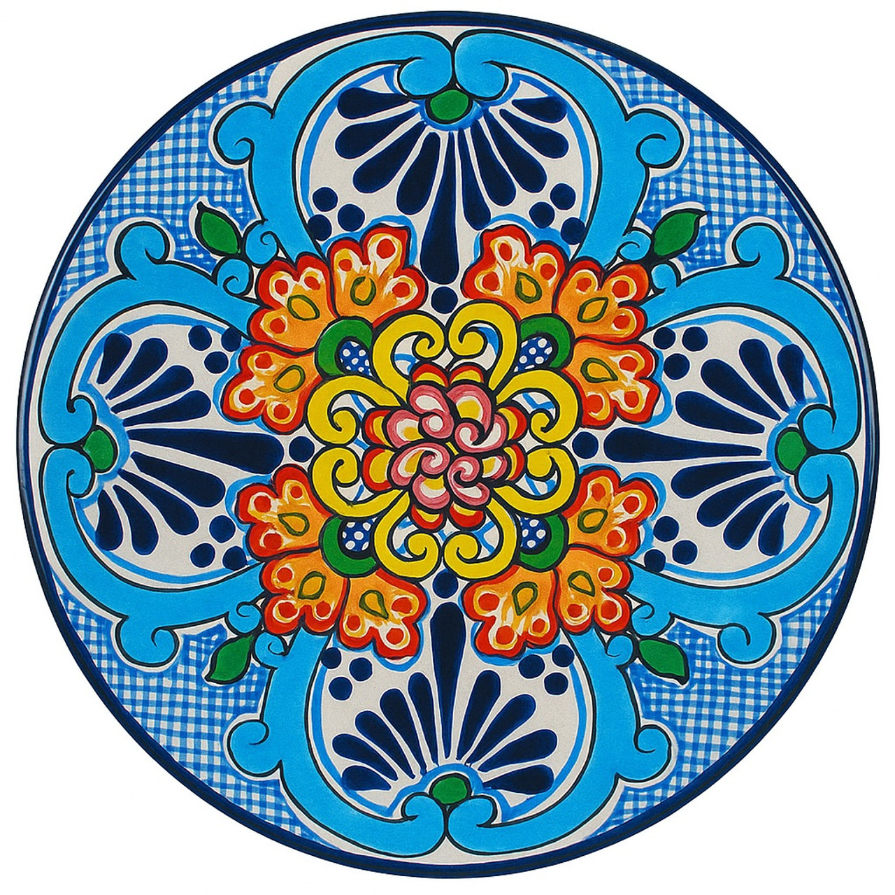 Radiant Echo Talavera Plate featuring vivid cobalt, turquoise, and coral hand-painted motifs.