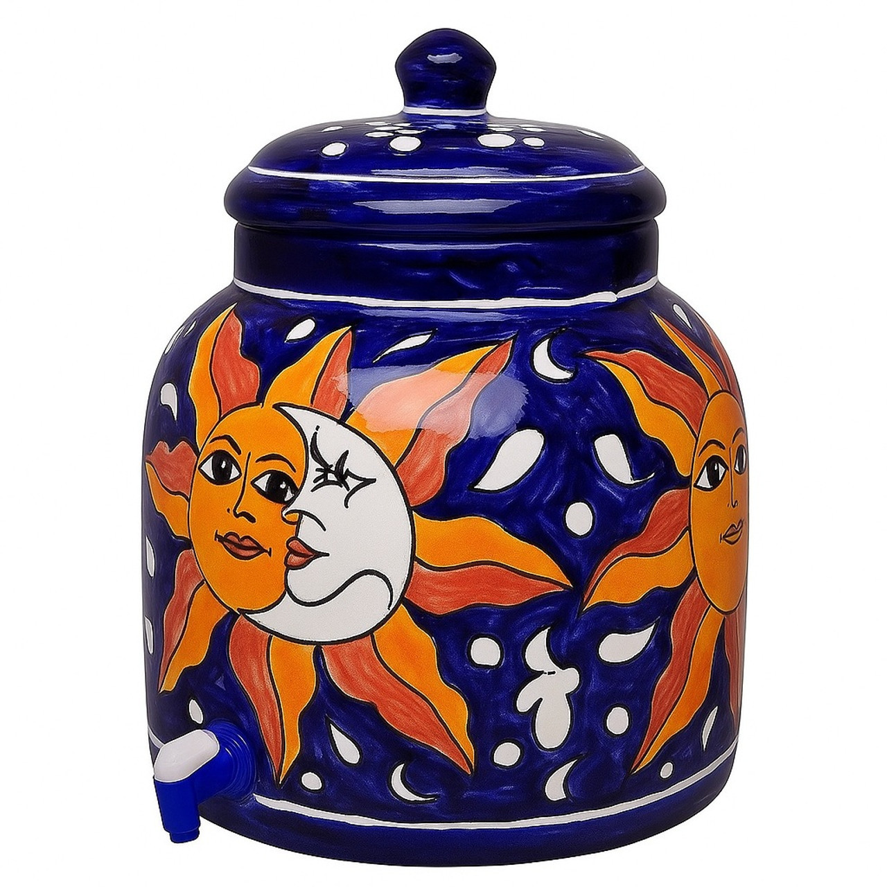 Eclipse Talavera Crock featuring a vivid hand painted sun and moon design over a deep blue ceramic surface.