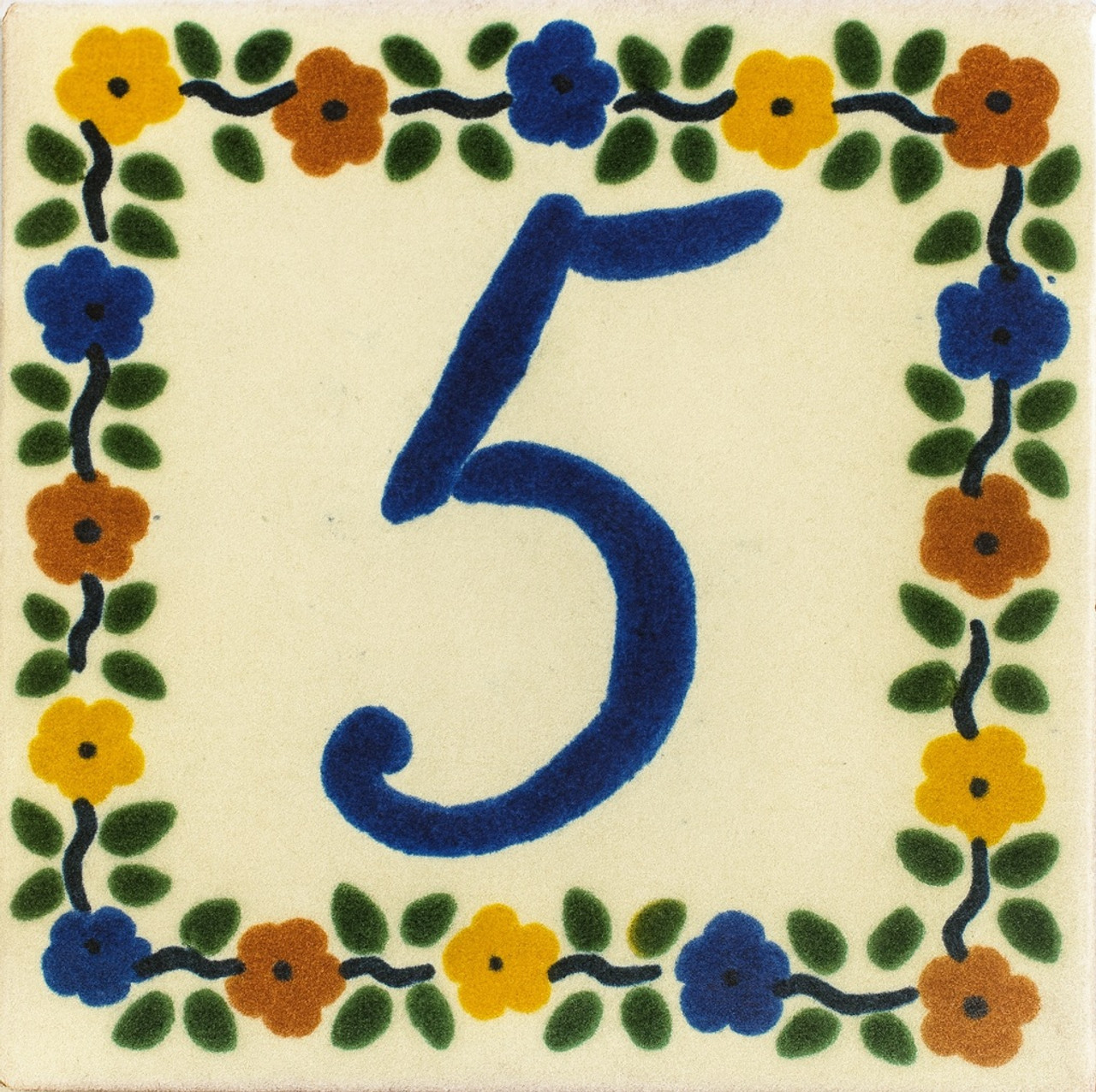 Hand painted Talavera House Number Tile Five with a vivid blue digit enclosed by a playful decorative pattern of warm and cool tones.