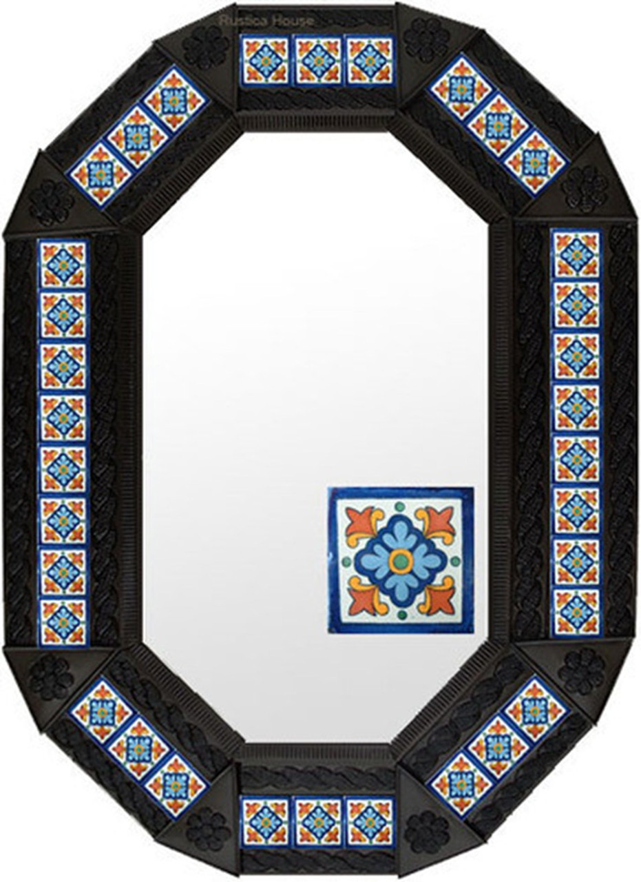 Vintage Talavera Tile Tin Frame Mirror displayed in a dark coffee finish highlighting the contrast between the deep metal tone and vibrant tiles.