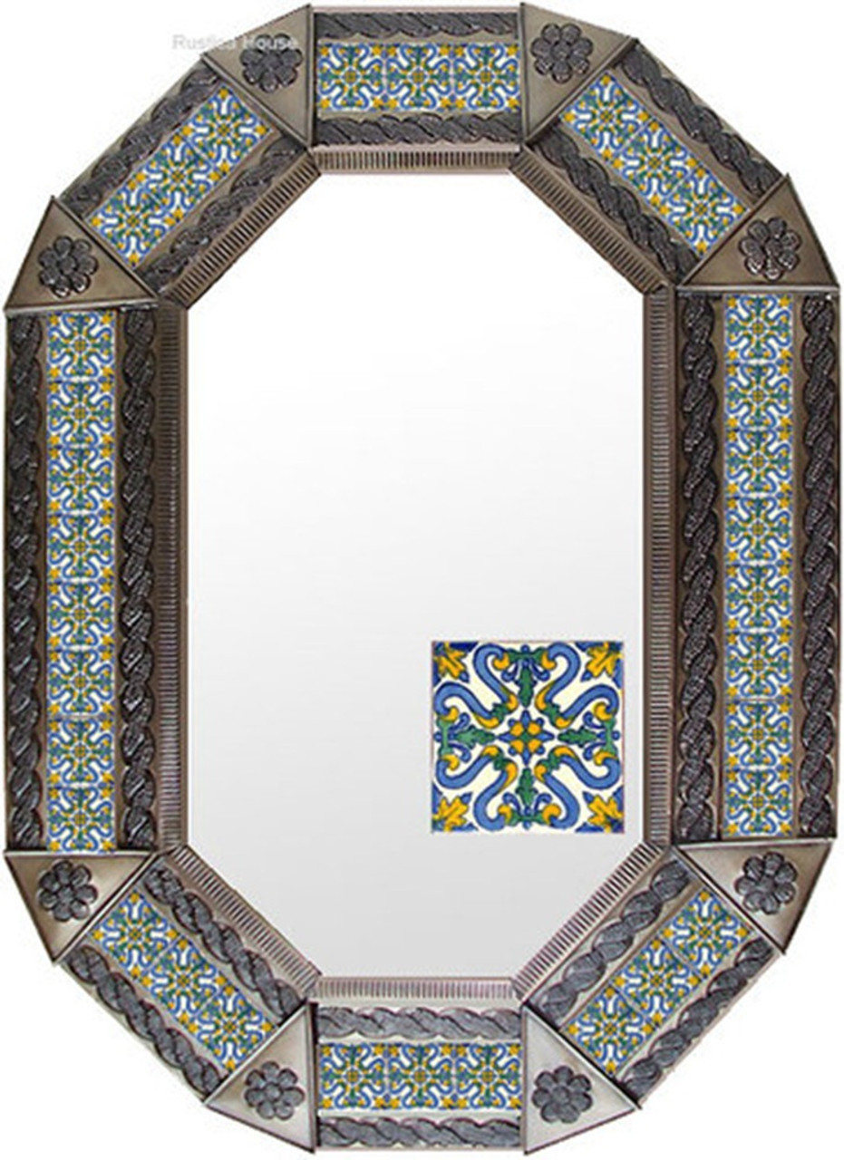 Interlaced Mosaic Tin Frame Mirror with a warm copper toned frame that highlights the detailed interlaced mosaic tile design.