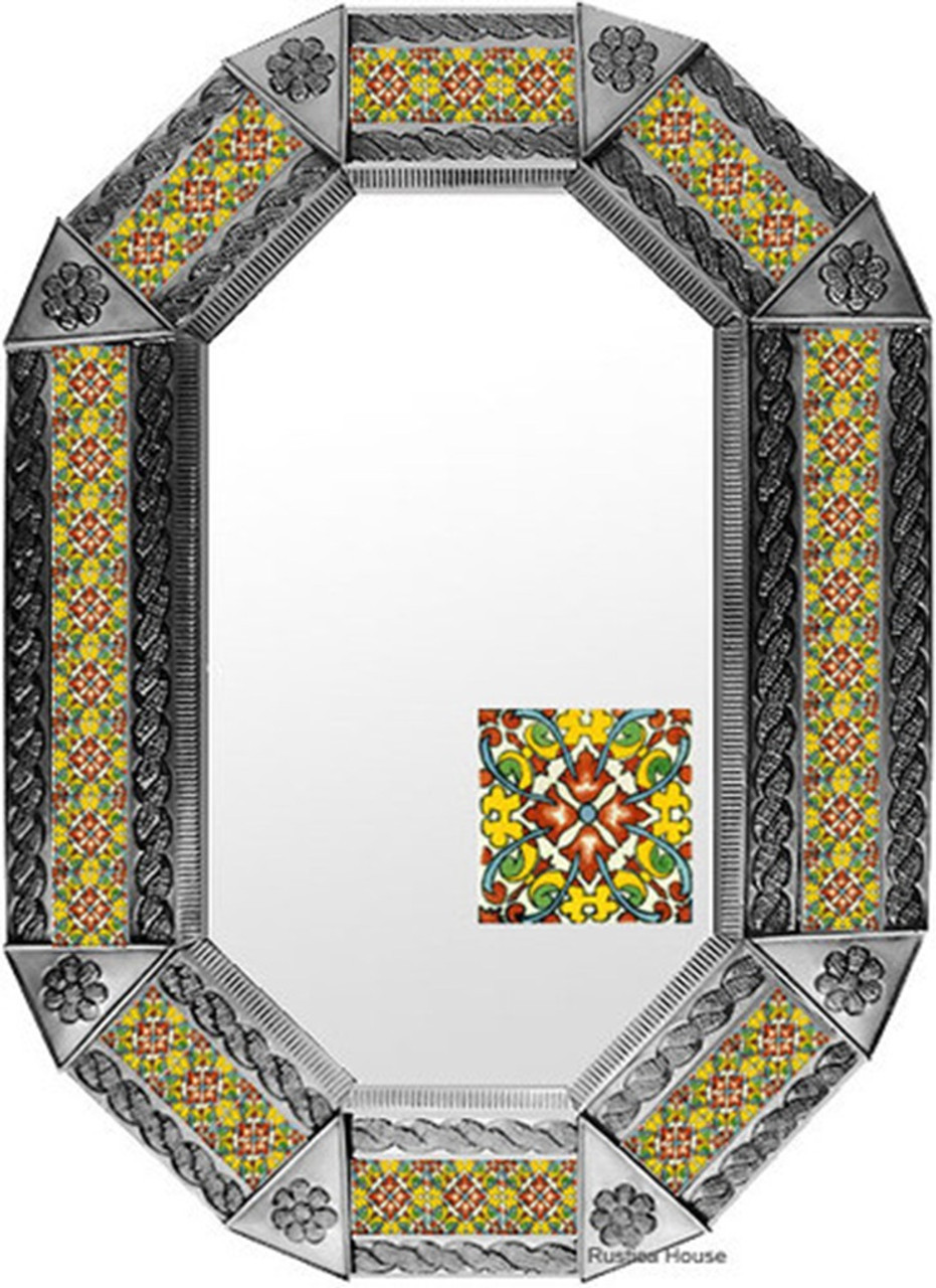 Patterned Tin Mirror with Vibrant Tile Inlays in a natural tin finish highlighting the bright multicolor tile strips set within detailed hand tooled metalwork.