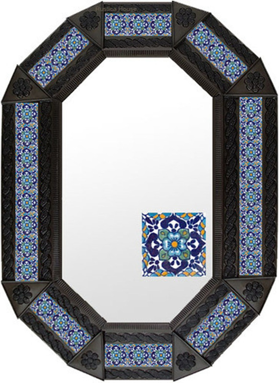 Indigo Tile Tin Mirror in a deep coffee colored frame accented with textured tin work and vivid indigo ceramic tiles for bold decorative impact.