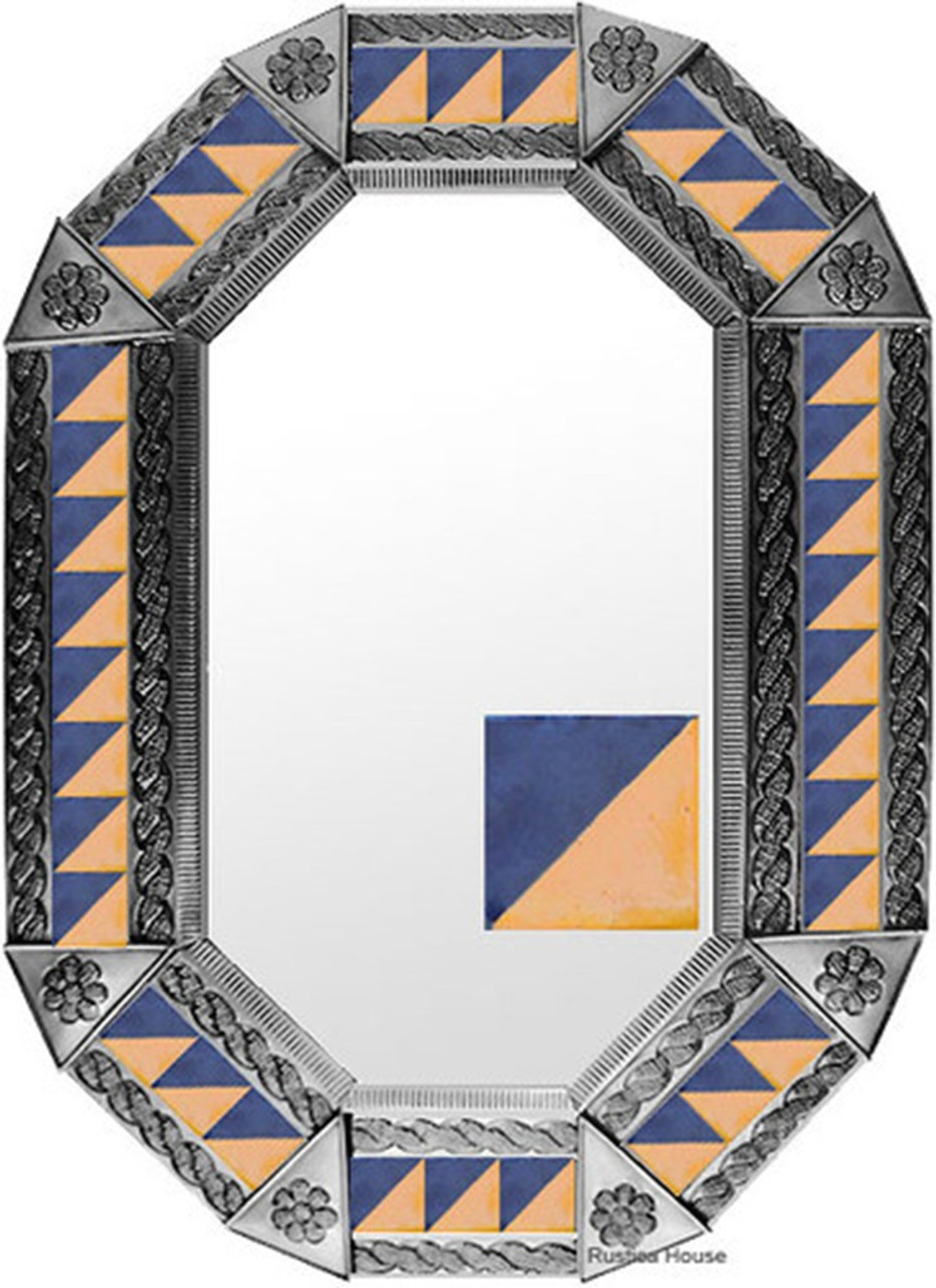 Diagonal Tile Frame Mirror in a natural tin finish showcasing embossed metalwork paired with blue and peach diagonal design tiles for a clean artisan look.
