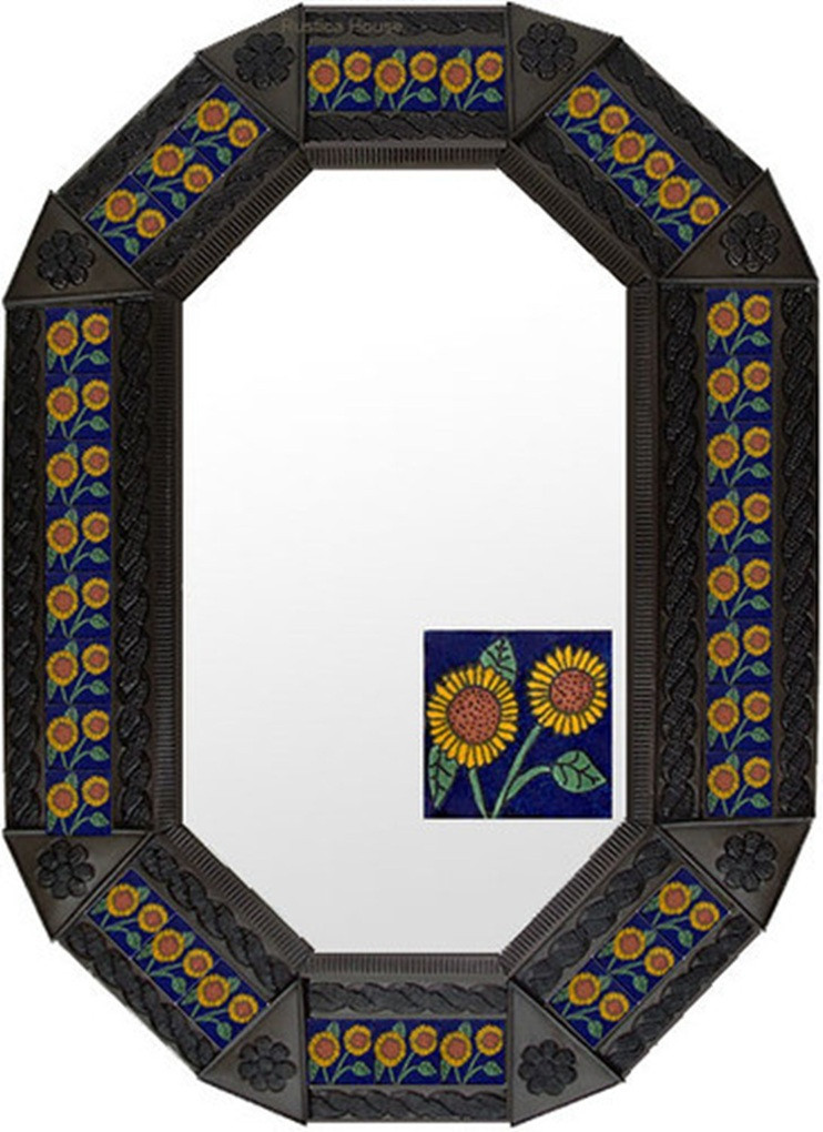 Rustic Sunflower Tin Mirror in a coffee colored frame featuring dark embossed tin surrounding bright sunflower tiles for a strong rustic artisan contrast.