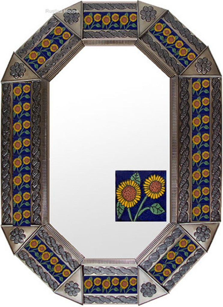 Rustic Sunflower Tin Mirror with a copper toned frame pairing warm metallic color with sunflower patterned tiles to create a vibrant decorative accent.