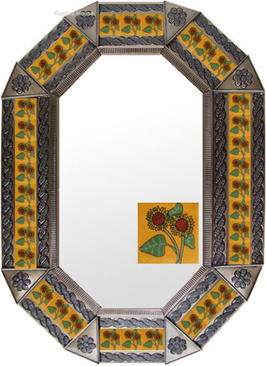 Vintage Sunflower Tin Mirror with a copper toned frame enhancing the warmth of the yellow sunflower tiles for a rich artisan look.