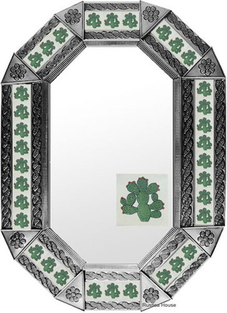 Nopal Tin Mirror in a natural tin finish showing embossed metalwork paired with cactus motif tiles for a classic Mexican artisan look.