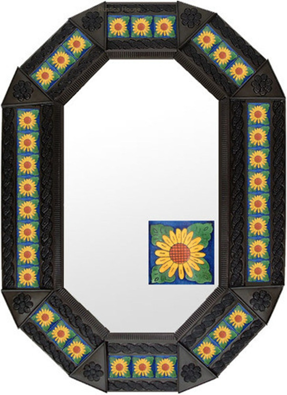 Artisan Sunflower Tin Mirror in a deep coffee colored frame paired with vibrant sunflower tiles and detailed embossed metal.
