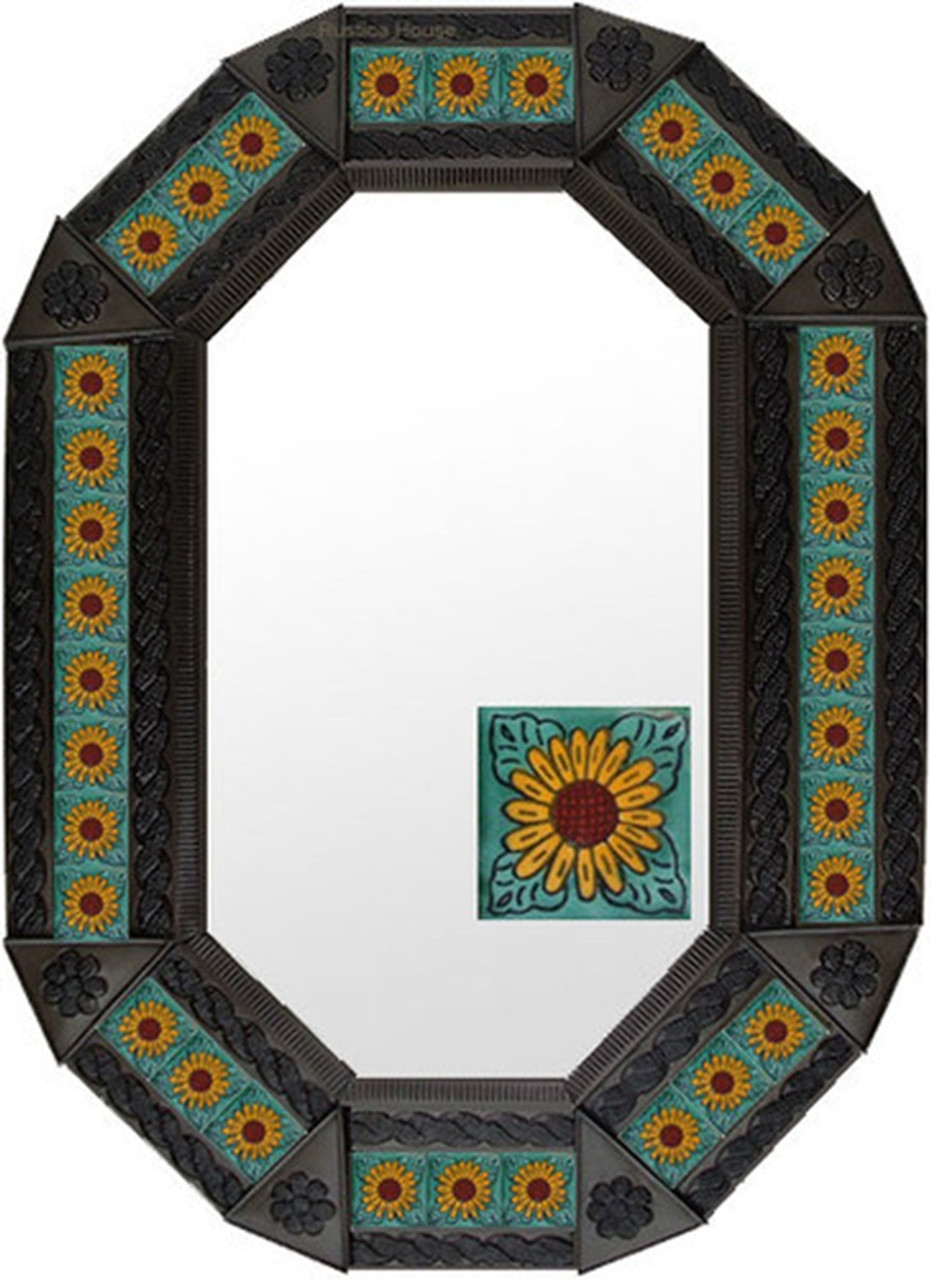 Turquoise Sunflower Tin Mirror framed in a deep coffee color with detailed sunflower tiles set against turquoise ceramic.