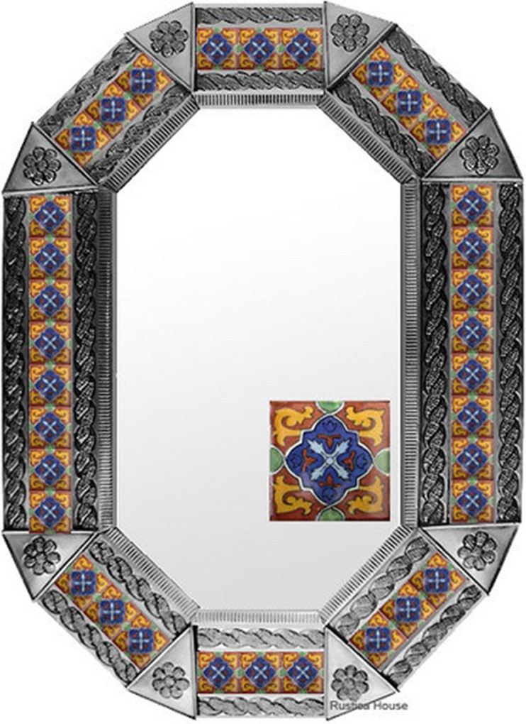 Colonial Mosaic Tin Mirror with handcrafted tin frame and colorful mosaic tiles featuring classic colonial motifs.