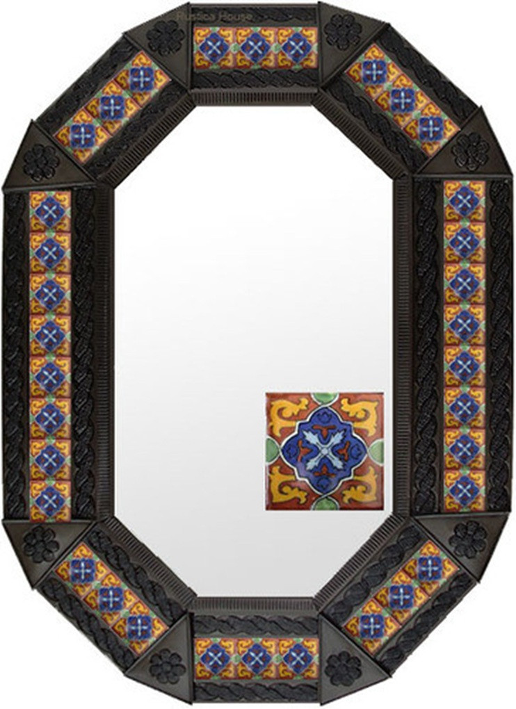 Colonial Mosaic Tin Mirror framed in a deep coffee color accented with bright handcrafted mosaic tiles.
