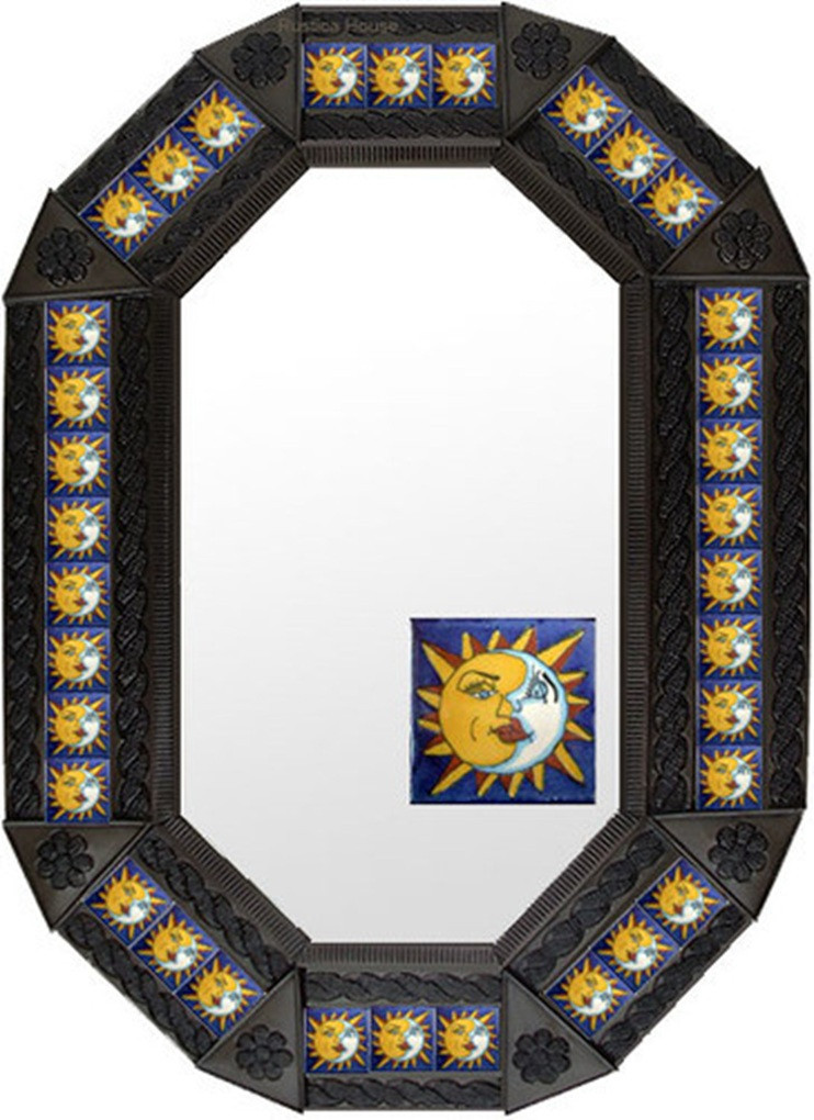Sun and Moon Tin Mirror with a dark coffee colored tin frame highlighting blue sun and moon tile accents.