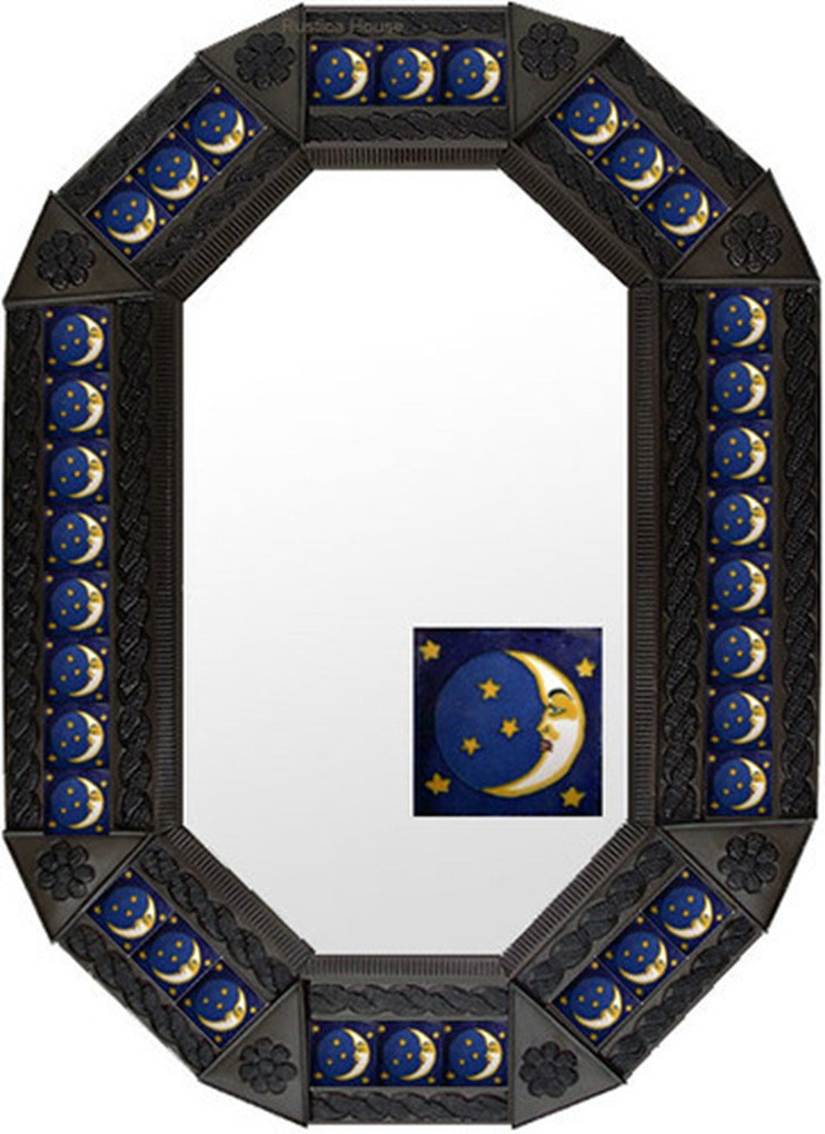 Crescent Moon Tin Mirror with a dark coffee colored tin frame highlighting blue crescent moon tile accents.