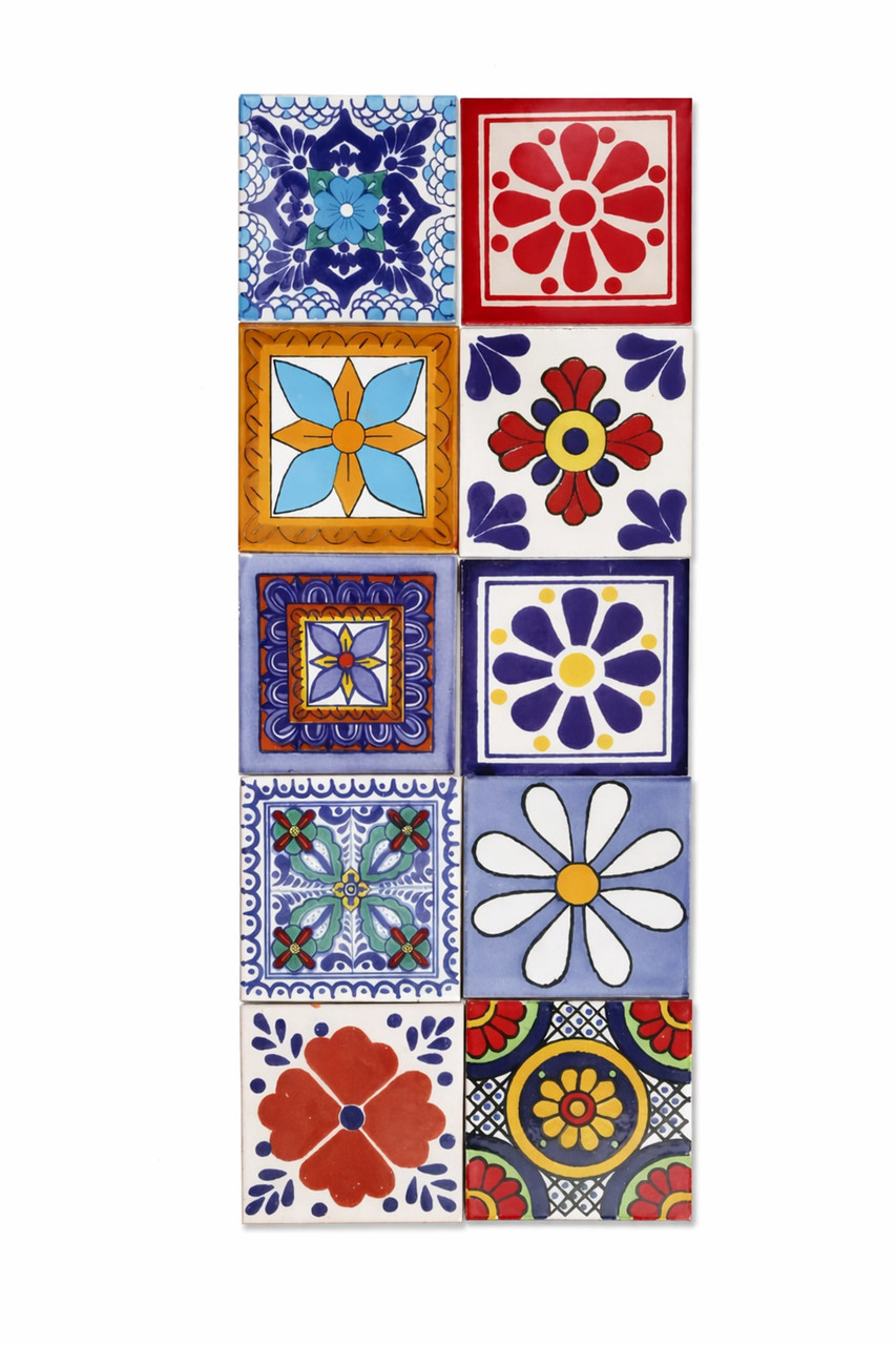 Hand Painted Talavera Floral Tile Mix 40 Tiles 6x6