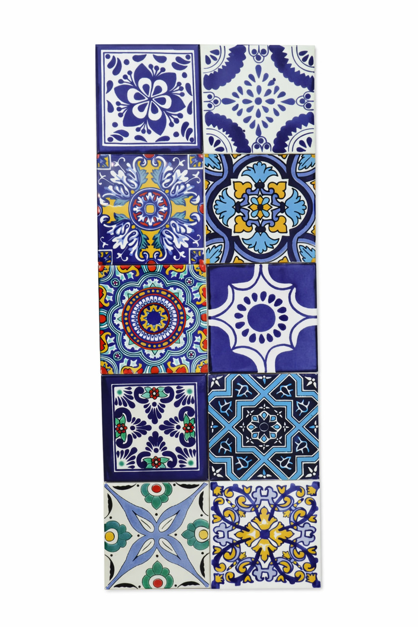 Hand Painted Talavera Blue Tile Mix 40 Tiles 6x6