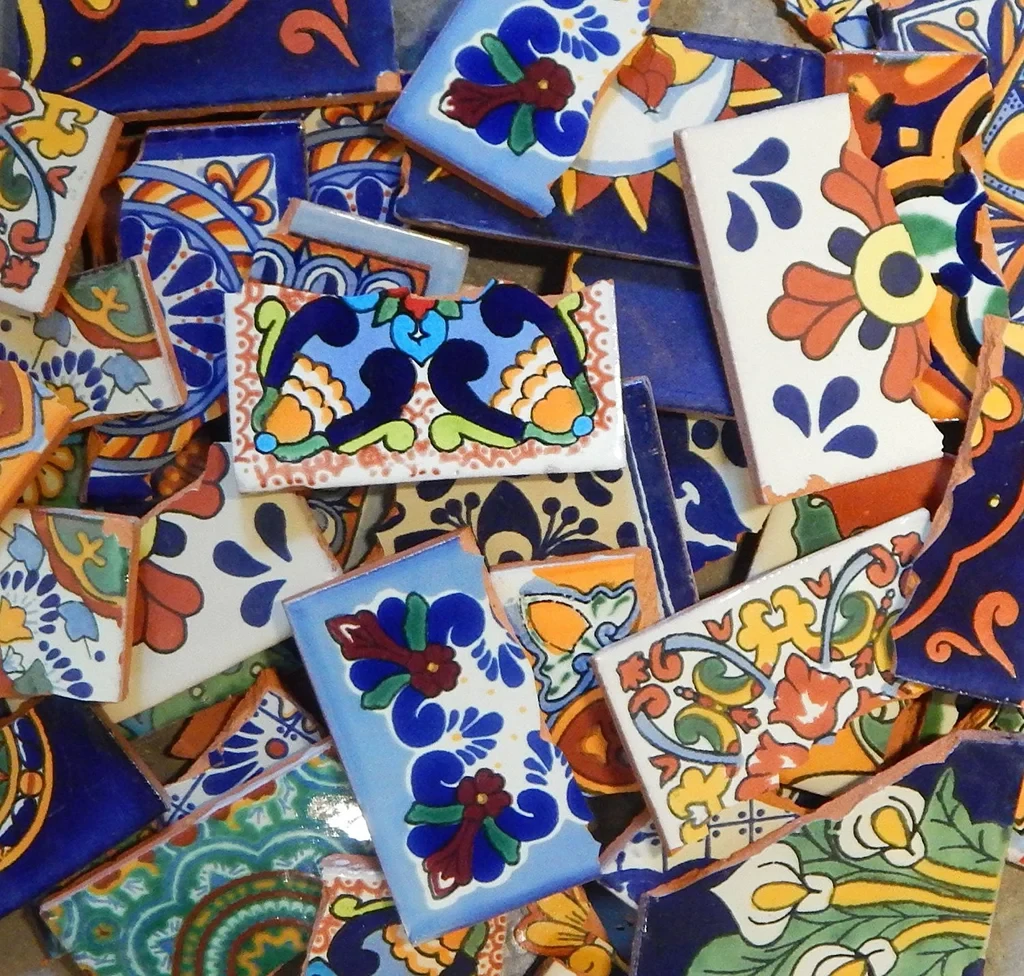 Broken Mexican Talavera tile pieces for creative mosaic and decorative projects