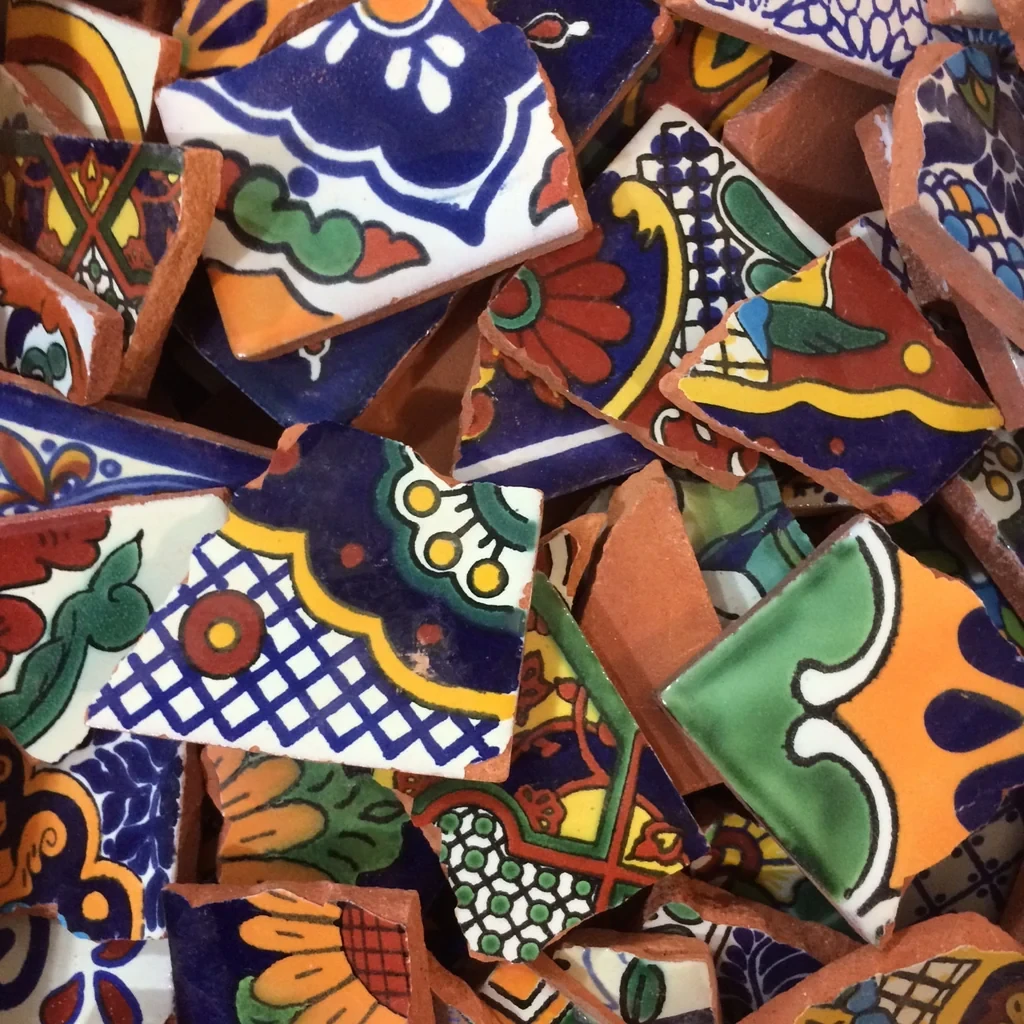 Colorful patterned Talavera tile fragments for walls, tabletops, patios, and crafts