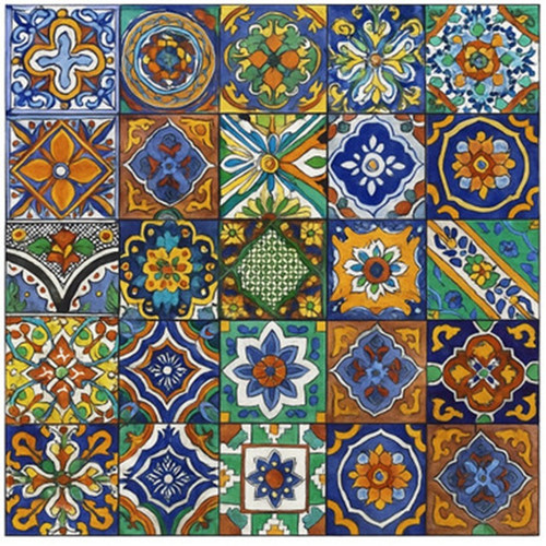Vibrant set of 100 hand-painted Mexican tiles featuring 20 unique patterns, showcasing bold colors, traditional motifs, and artisan craftsmanship