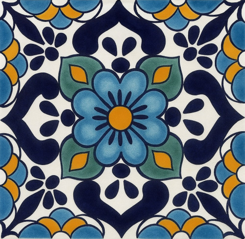Mexican Tile Azure Petal Radiance with blue floral center and yellow accents