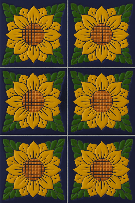 high relief tiles paintes yellow, green, terracota and cobalt