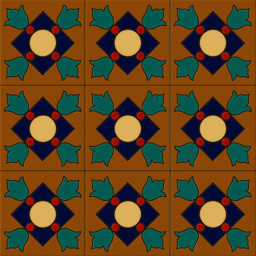 high relief tiles paintes cobalt, green, red and light brown