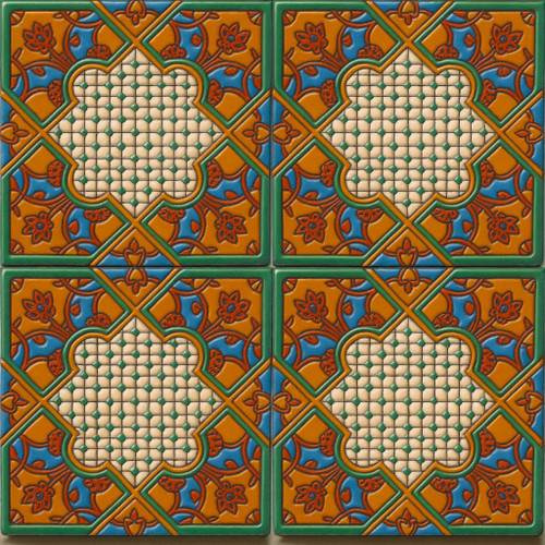 high relief tiles paintes brown, green, blue, white and yellow ocher