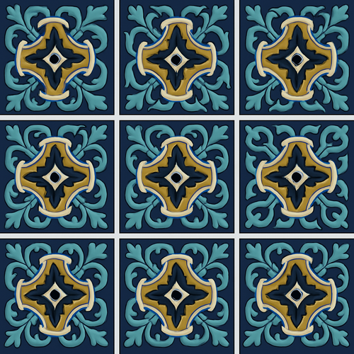 high relief tiles paintes pure white, pastel green, light brown and cobalt