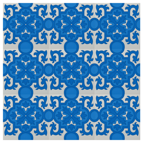 Repeating pattern of blue and white Luciana relief tiles.