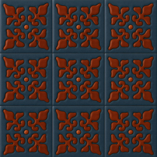 Relief Tile Karina grid showing nine terracotta embossed tiles on navy background.
