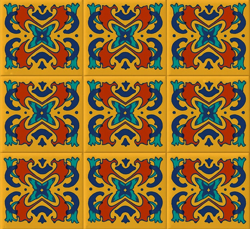 Mexican Tile Crimson and Sapphire Harmony with bold floral symmetry on golden background.