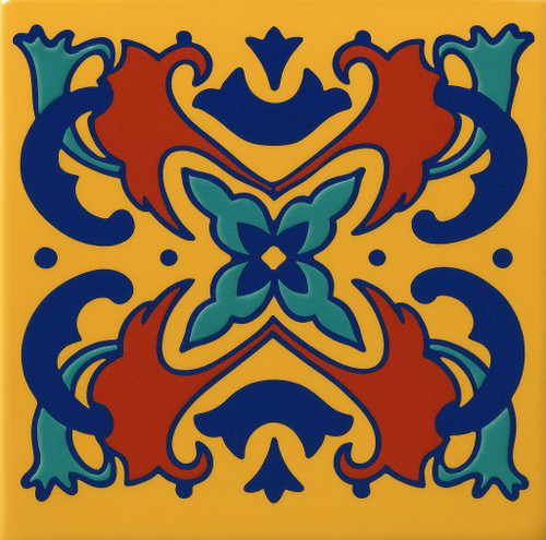 Mexican Tile Crimson and Sapphire Harmony with bold floral symmetry on golden background.