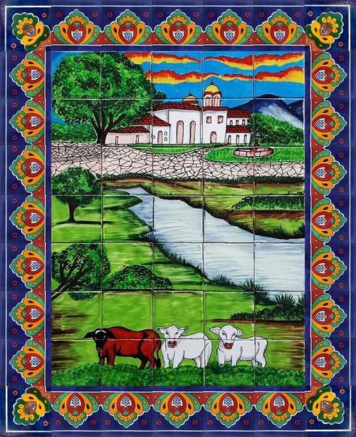 mexican tile mural with cattle