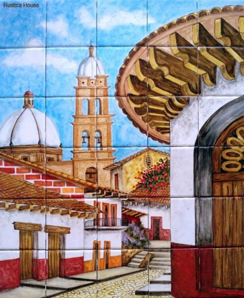 mexican tile mural with colonial church